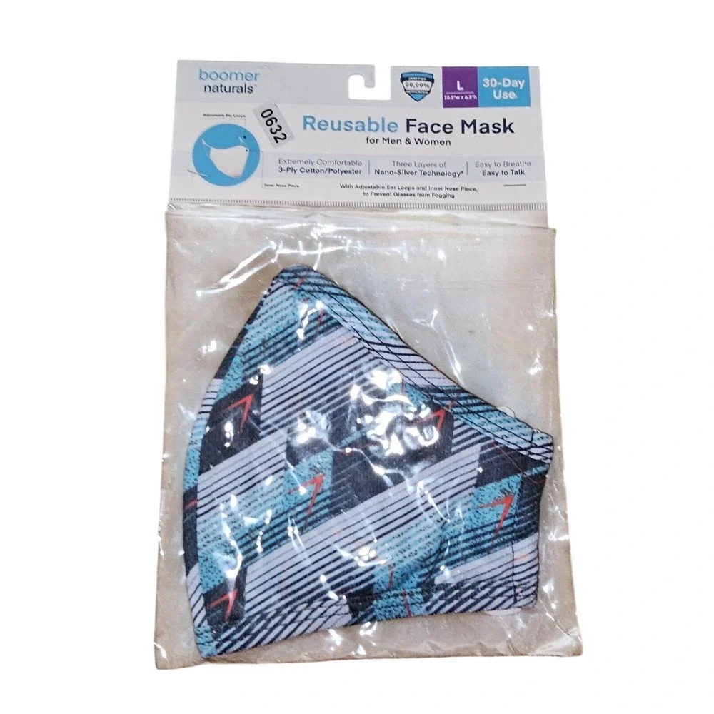 Boomer Naturals Reusable Face Mask Blue Geometric 3-Ply Nano-Silver Large 632